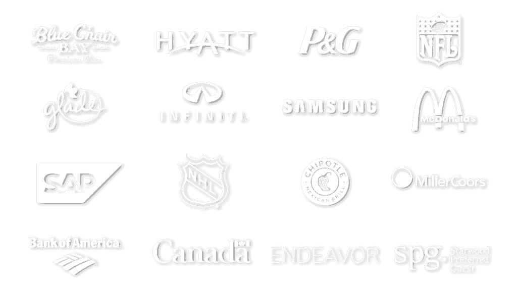 The image is showing a variety of well-known brands and companies associated with each other. Full Text: Blue Chair HYATT P&G *1 NFL ~BAY~ Premium Rum glade D SAMSUNG INFINITI. McDonald's SAP NHL CHIPOTLE MEXICAN GRIL MillerCoors® Bank of America. Canada ENDEAVOR Spg Starwood * Preferred Guest